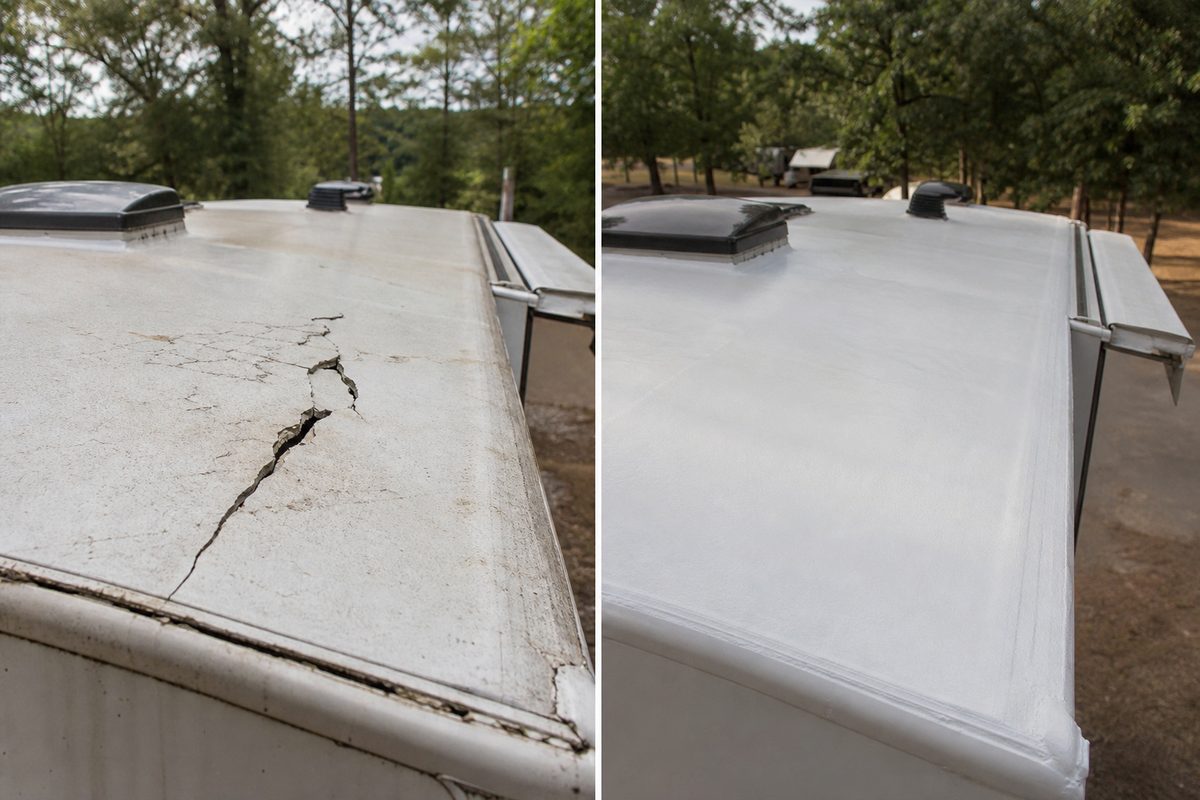 Before and after of a cracked, leaking RV roof