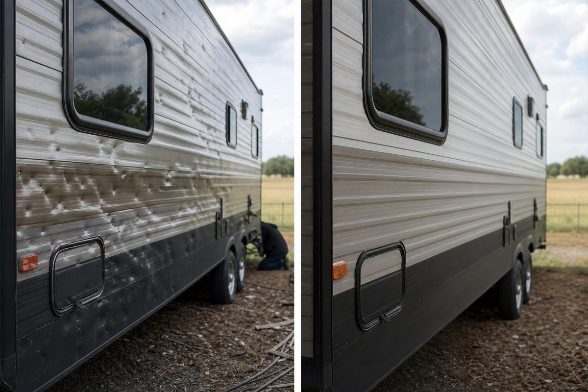Before and after of hail damaged side wall