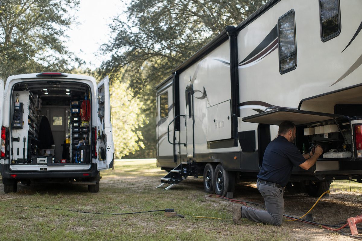 Mobile service van parked beside a travel trailer