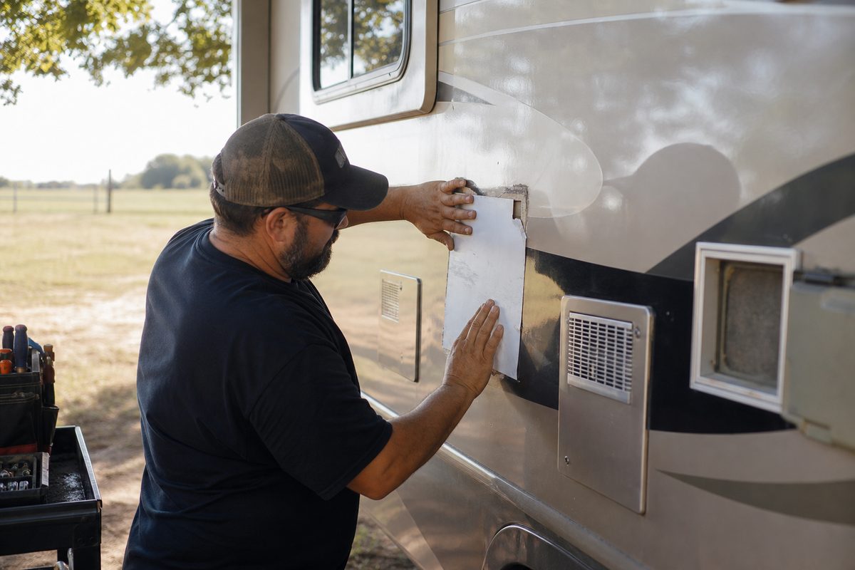 Panel repair on a motorhome exterior