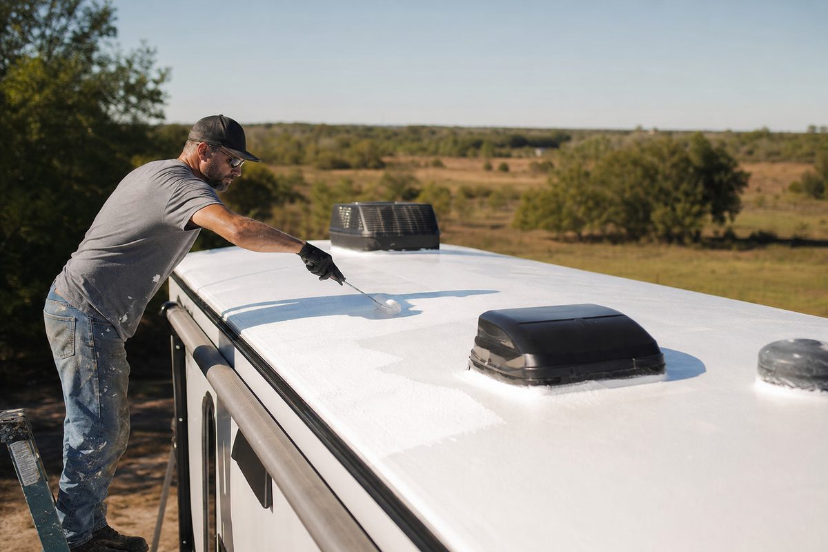 Roof coating being applied to a travel trailer