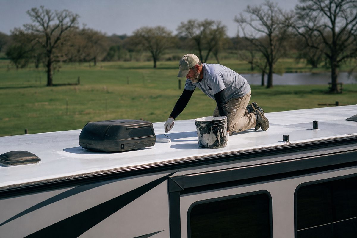 Roof coating on a Brazos Valley rig