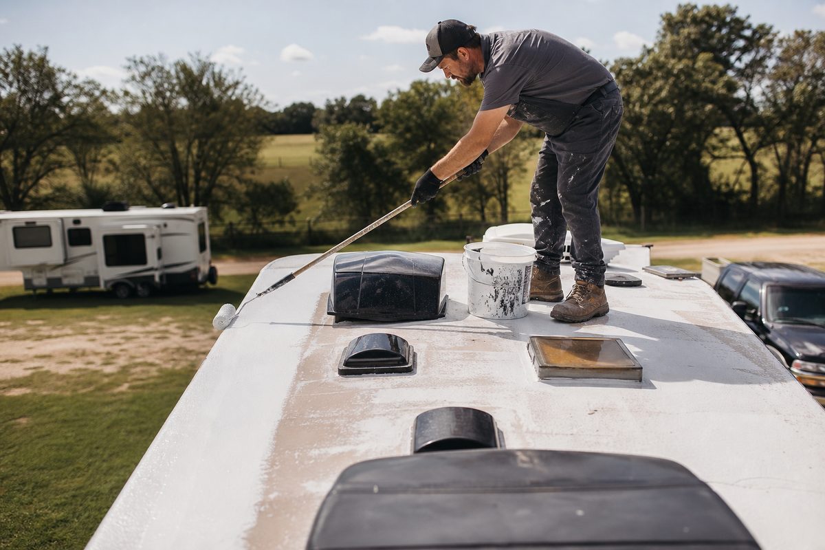 Roof coating on a fifth wheel