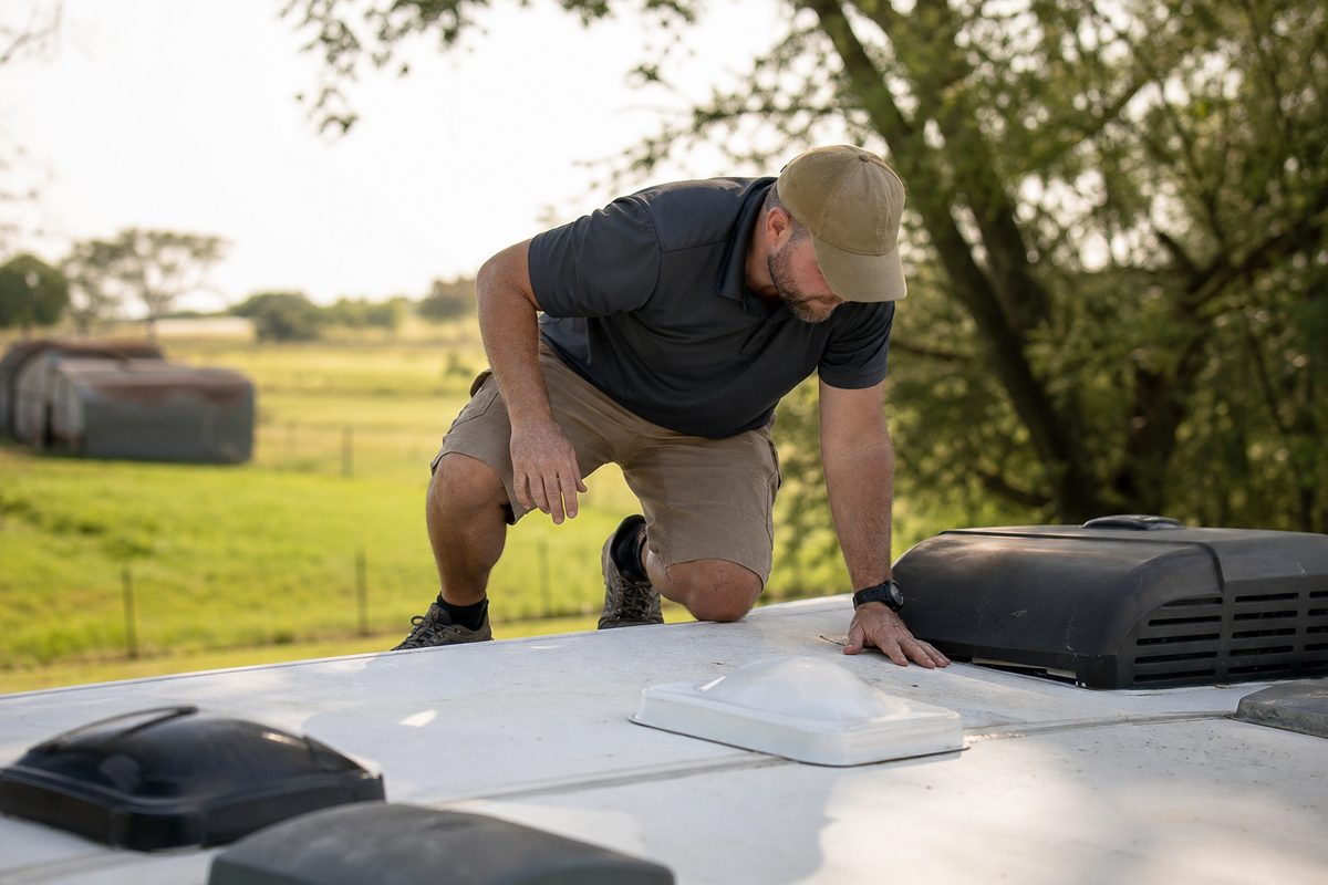 Technician inspecting an RV roof